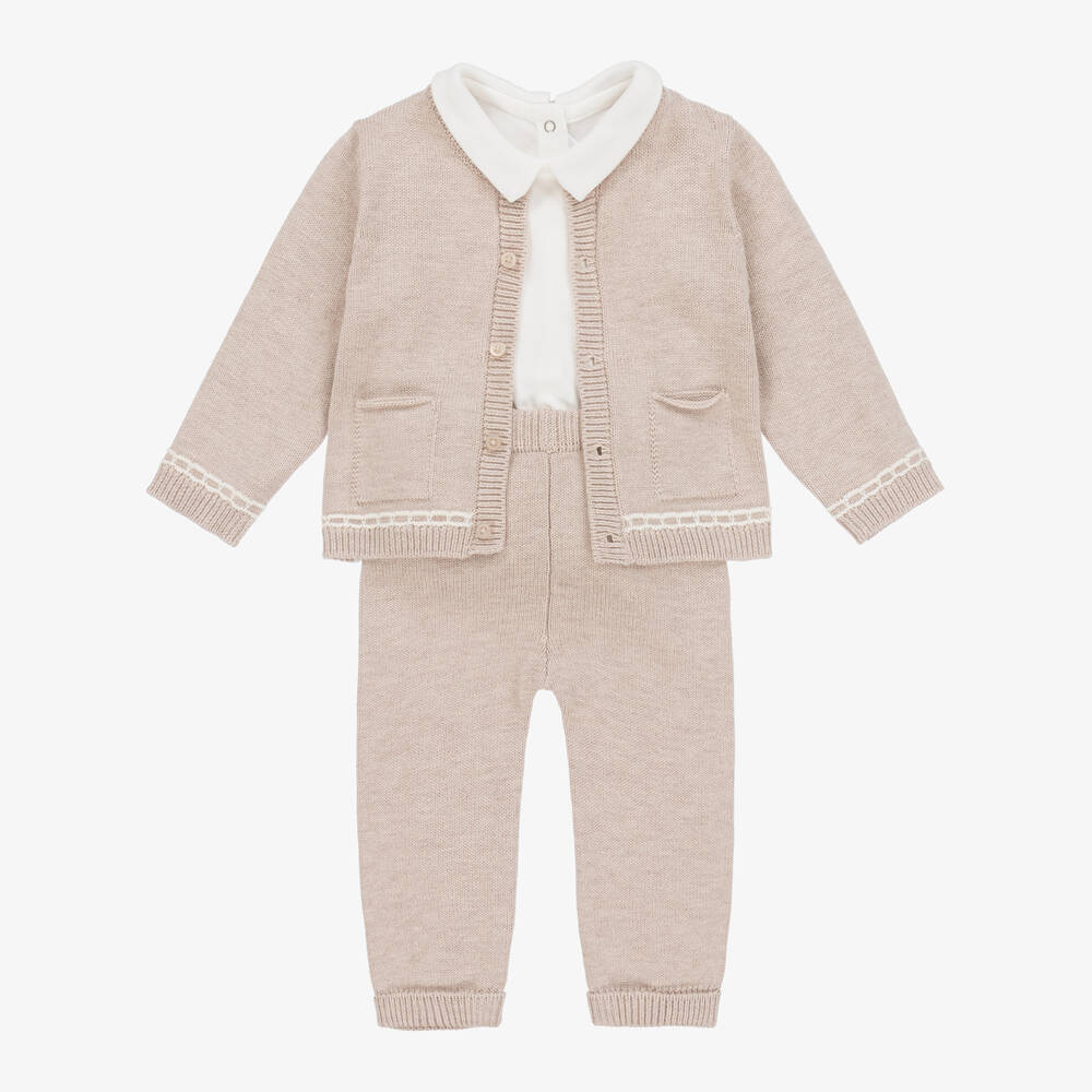 Mayoral Newborn - Beige Cotton & Wool Knit Baby Trouser Set | Childrensalon