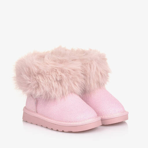 Monnalisa-Girls Glittery Pink Faux Fur Boots | Childrensalon