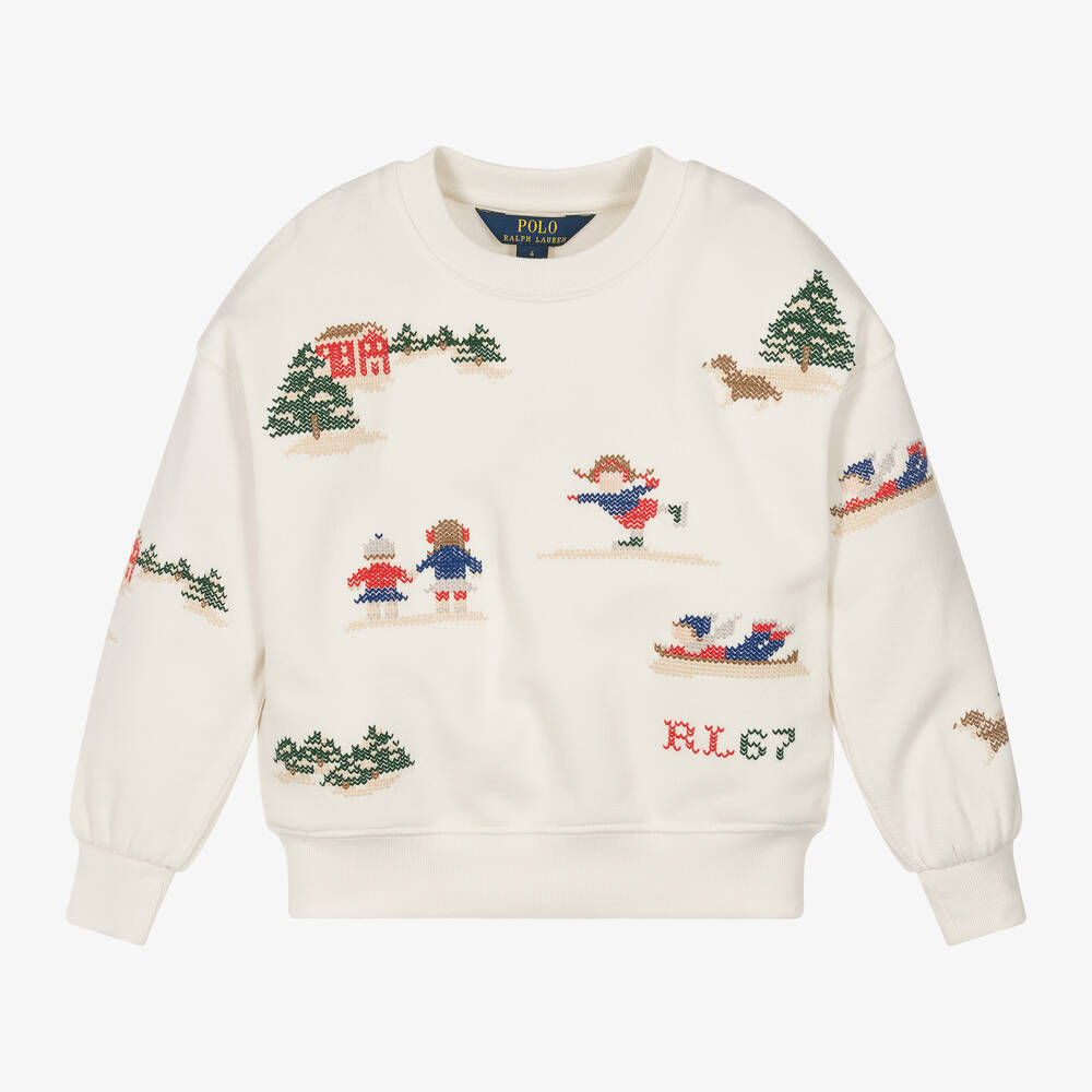 Ralph Lauren - Girls Ivory Cotton Festive Sweatshirt | Childrensalon