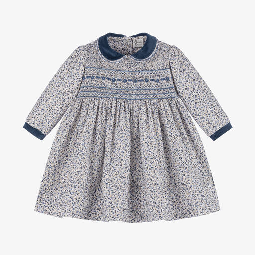 Sarah Louise-Girls Blue Floral Smocked Dress | Childrensalon